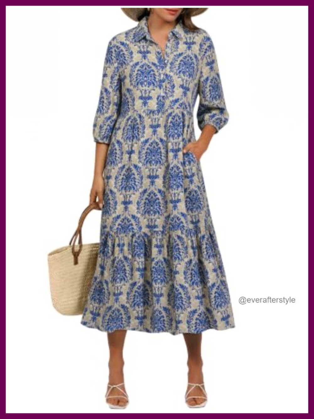Women's Floral Maxi Dress 3/4 Puff Sleeve V-Neck 100% Rayon Boho - Picture 1 of 6